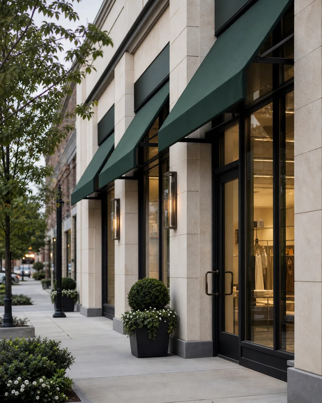 Representative storefront walkway with limestone and evergreen awnings